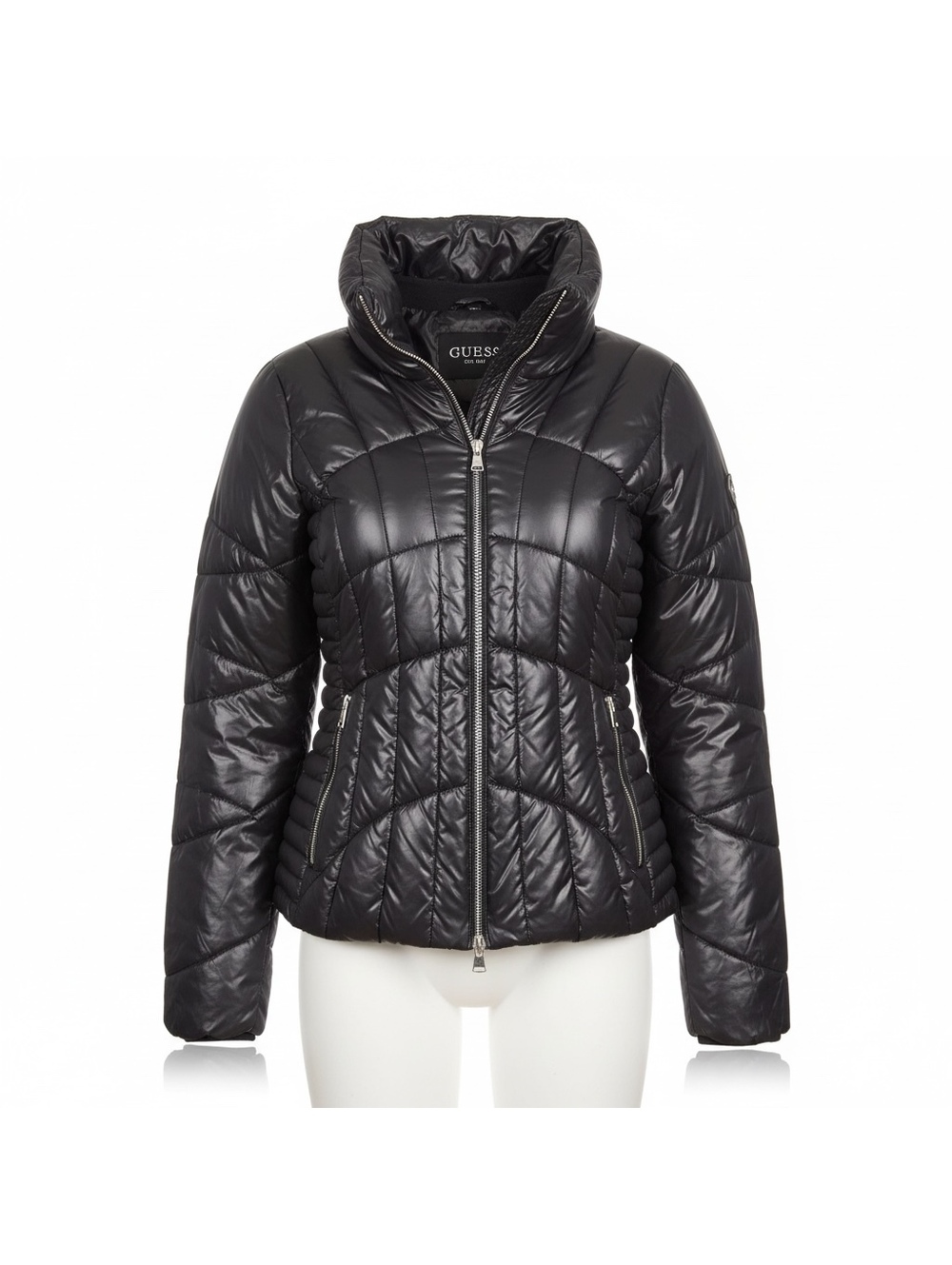 Guess Women's Black Quilted Puffer Jacket with High Collar,